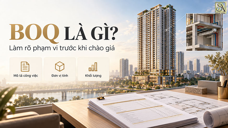 BOQ thể hiện mô tả công việc, đơn vị tính và khối lượng cho gói thầu cao tầng